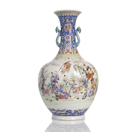 <b>A 'FAMILLE ROSE' PORCELAIN BOTTLE VASE WITH BOYS PLAYING MUSIC</b> <b>A 'FAMILLE ROSE' PORCELAIN BOTTLE VASE WITH BOYS PLAYING MUSIC</b>