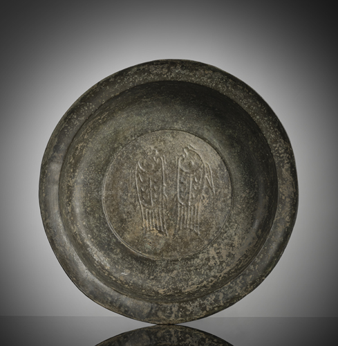 <b>A BRONZE BASIN WITH RELIEFED DOUBLE FISH MOTIF, PARTIALLY CORRODED GREEN</b>