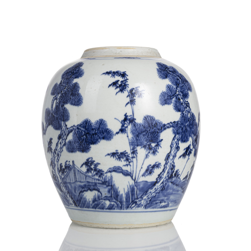 <b>A BLUE AND WHITE PORCELAIN GINGER POT WITH DECORATION OF THE 'THREE FRIENDS OF WINTER - PRUNUS, BAMBOO AND PINE'</b>