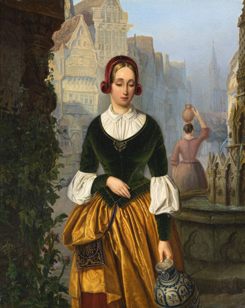 Young lady at a fountain in the historic city centre of Ghent. Oil/canvas, inscribed lower right.
