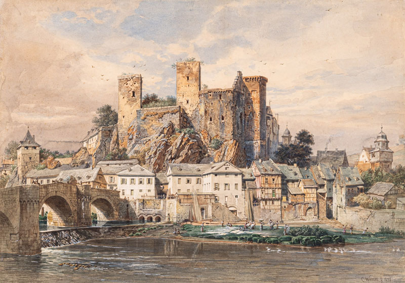 Blick auf Runkel an der Lahn mit der Lahnbrücke und der Burg. Aquarell und Bleistift, weiß gehöht/Papier, unten rechts signiert und datiert 1873.