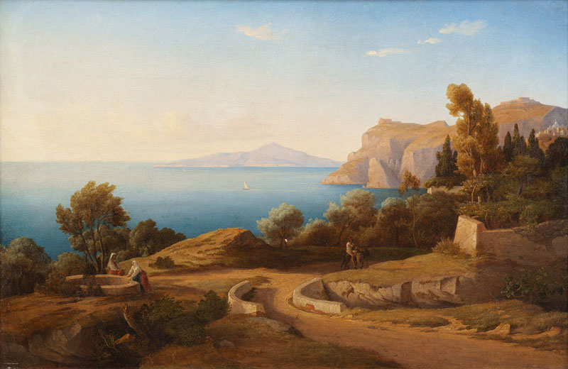 Capri. Am Weg der Marina Grande nach Capri mit Blick auf den Felsen der Villa Jovis und über den Golf von Neapel hinweg auf den Vesuv. Öl/Lwd./Karton, unten links Signaturreste 