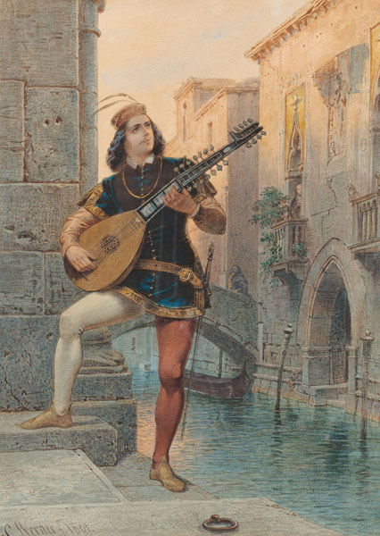 A Venetian theorbo player at a canal in the evening light. Watercolour and pencil/paper, signed lower left and dated 1861.