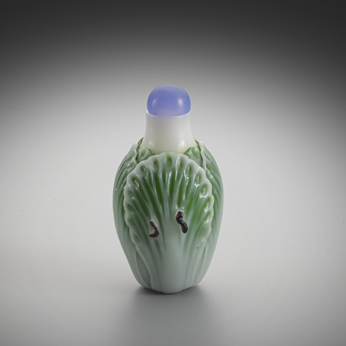<b>A fine snuff bottle made of multicoloured glass in the shape of Chinese cabbage with caterpillars</b> <b>A fine snuff bottle made of multicoloured glass in the shape of Chinese cabbage with caterpillars</b>
