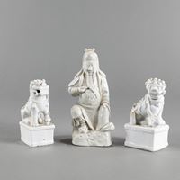 <b>A PAIR OF DEHUA-WARE FO LIONS AND GUANDI</b>