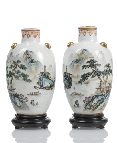 <b>A pair of polychrome porcelain vases with landscape decoration, poems on the reverse</b> <b>A pair of polychrome porcelain vases with landscape decoration, poems on the reverse</b>