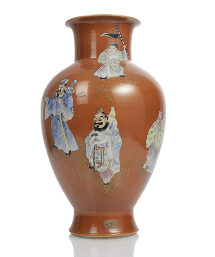 <b>A FIGURAL 'FAMILLE ROSE' CORAL-GROUND BALUSTER PORCELAIN VASE</b> <b>A FIGURAL 'FAMILLE ROSE' CORAL-GROUND BALUSTER PORCELAIN VASE</b>