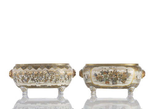 <b>A pair of very fine Satsuma cachepots with scenes of children playing and brocade patterns</b>