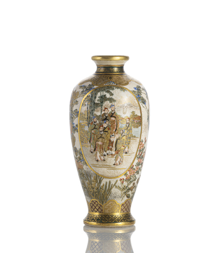 <b>A very fine satsuma vase with various reserves featuring the finest figure painting alongside flowers and brocade patterns</b>