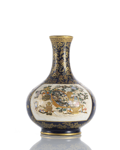 <b>A fine satsuma vase by Kinkozan with the finest figure painting and antiques alongside blossoming branches in gold and silver lacquer</b>