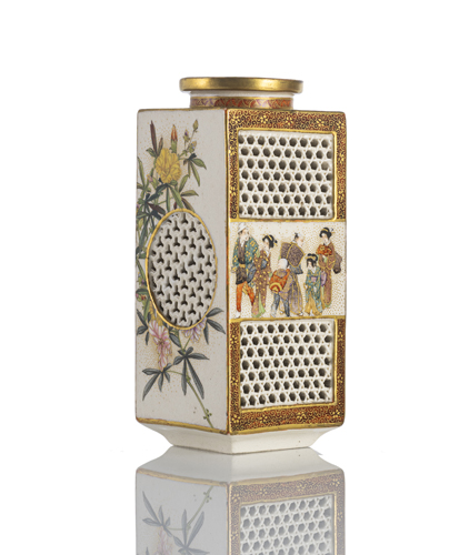 <b>A good square satsuma vase with openwork lattice pattern, figural scenes and flowers</b>