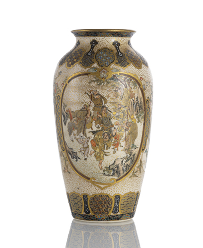 <b>Fine satsuma vase with figural scenes, birds and romance scenes alongside brocade patterns and flowers</b>