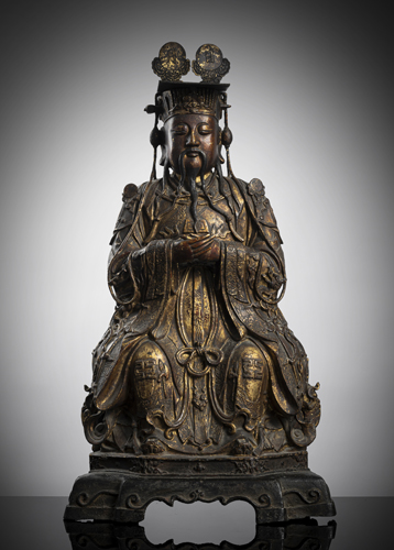 <b>A LARGE AND FINE GILT-LACQUERED BRONZE FIGURE OF TIANGUAN, THE HEAVEN OFFICIAL</b>