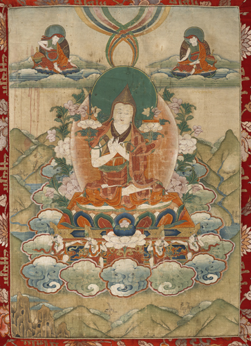 <b>A thangka with central depiction of Tsongkhapa on a throne</b>