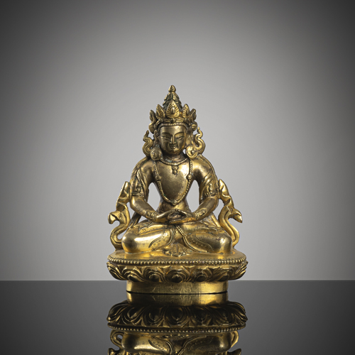 <b>A small gilt-bronze of Amitayus on a lotus</b>