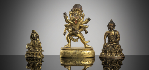<b>Three miniature gilt-bronzes: Shakyamuni, Guanyin and Samvara</b>