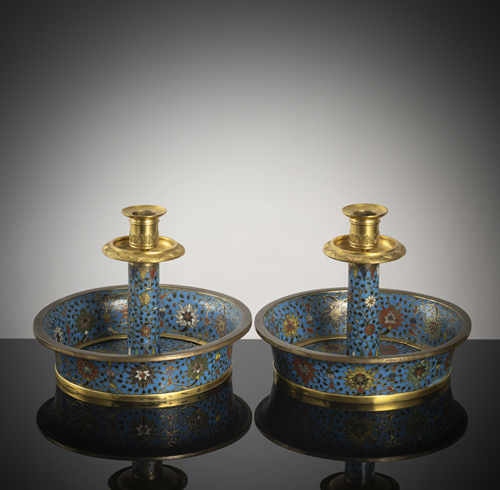 <b>A pair of cloisonné chandeliers with gilt bronze finials</b>