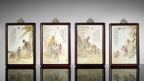 <b>A set of four 'qianjiangcai' porcelain panels with figurative depictions of the 