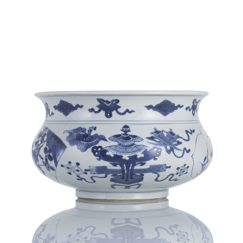 <b>A blue and white decorated porcelain censer with antiques and Buddhist emblems</b>