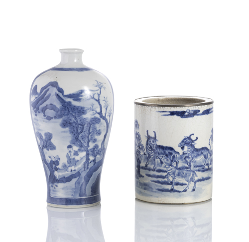 <b>A blue and white cylindrical biscuit porcelain brush pot with goats and a meiping vase with figural scenes</b>