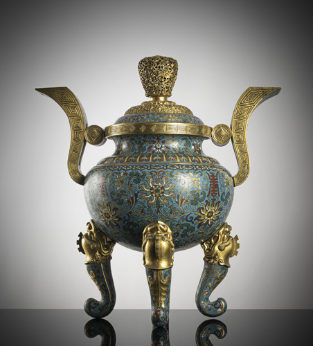 <b>A FINE CLOISONNÉ-ENAMELLED FOUR-LEGGED CENSER AND COVER</b>