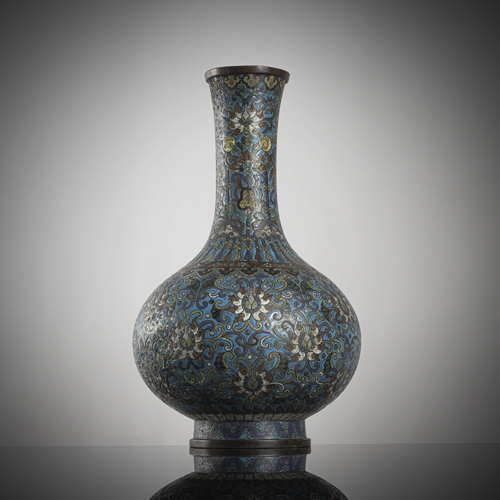 <b>A large cloisonné bottle vase with lotus decoration and foliage</b>