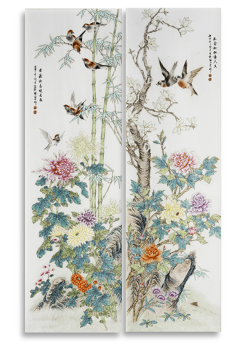 <b>A pair of 'famille rose' porcelain tiles depicting flowers and birds</b>