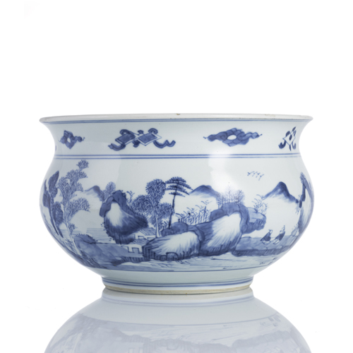 <b>A blue and white porcelain incense burner decorated with a seascape</b>