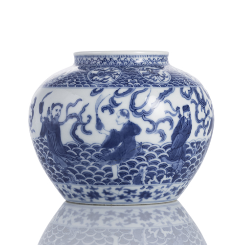 <b>A blue and white jar with decoration of the 'Eight Daoist Immortals' above waves</b>