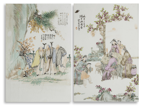<b>Two 'famille rose' porcelain tiles depicting figural scenes</b>