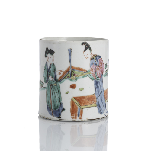 <b>A cylindrical 'Famille rose' porcelain brush pot with a lady and companion in a garden landscape</b>