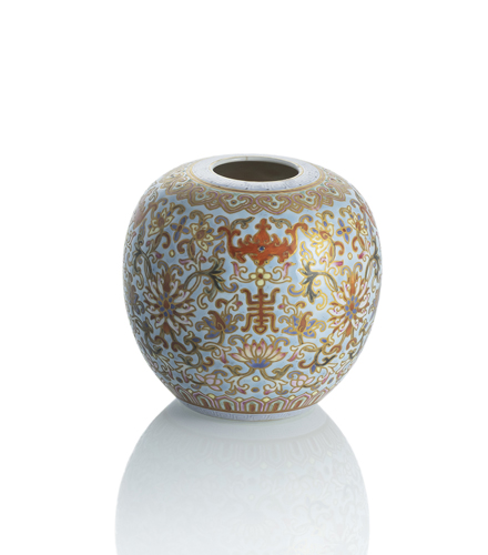 <b>A globular  'Famille rose' vase with lotus, shou and bats on a turquoise ground with gold</b>