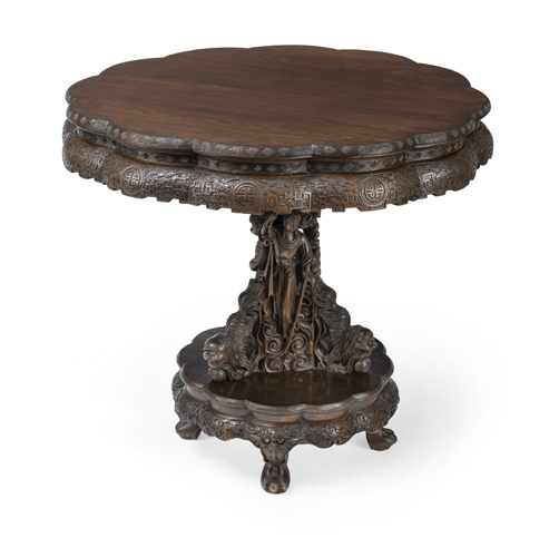 <b>A table with flower-shaped top and elaborately carved centre column and base</b>