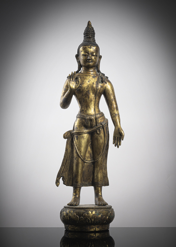 <b>A LARGE AND RARE GILT-BRONZE FIGURE OF MAITREYA</b>