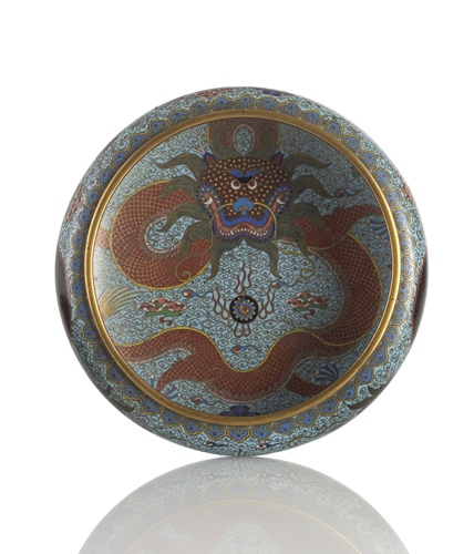 <b>A circular cloisonné enamel incense burner with dragon decoration, partially fire-gilt</b>