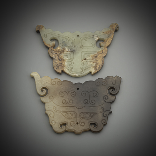 <b>TWO 'TAOTIE' MASK JADE CARVINGS</b>