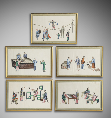<b>A group of five fine paintings on rice paper with scenes of people in the garden and in the house, fully coloured</b>