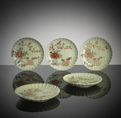 <b>A set of five flower-shaped plates with celadon glaze and decoration of various flowers in iron red, aubergine and green</b>