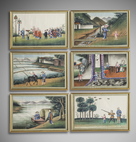 <b>A group of six rice paper paintings with fine depictions of various professions, acrobats, magicians and artists</b>
