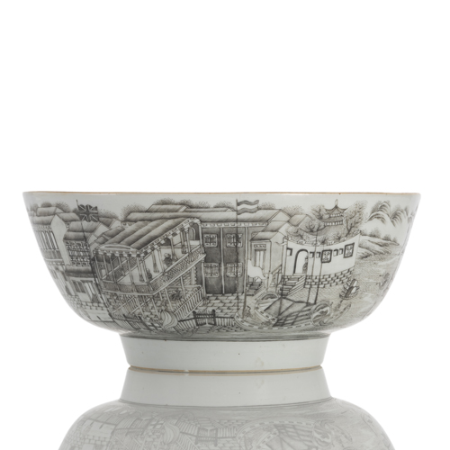 <b>A Grisaille porcelain punch bowl with illustration of the Hongs of Canton</b>