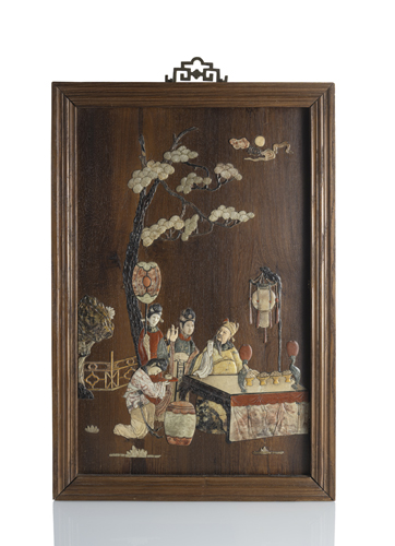 <b>A relief picture made of wood with depiction of a figural scene inlaid in different coloured soapstone, frame</b>