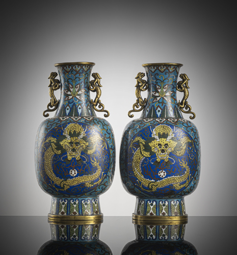 <b>A pair of cloisonné vases with dragon decoration and fire-gilt dragon handles</b>