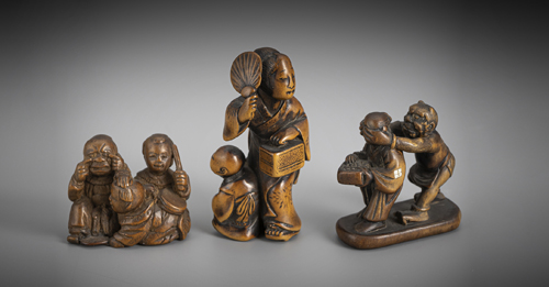 <b>Three wooden netsuke</b>
