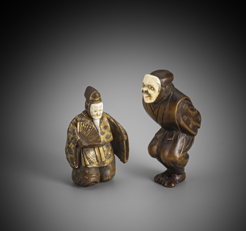 <b>Two netsuke made of wood and maritime ivory</b>