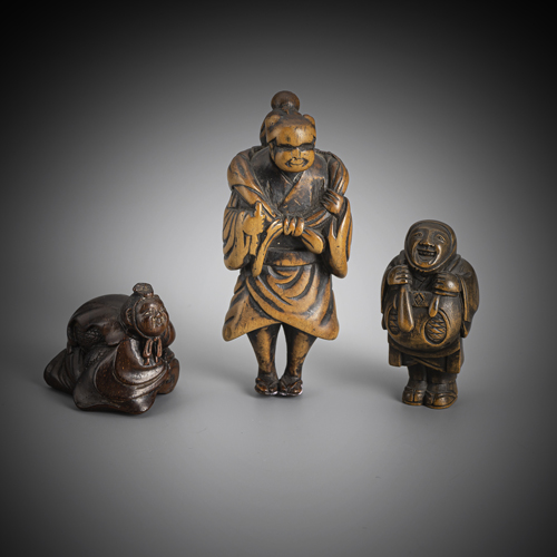 <b>Three wooden netsuke</b>