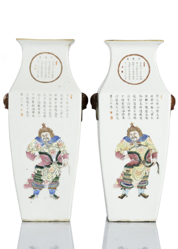 <b>A pair of square 'famille rose' porcelain vases with 'Wu Shuang Pu' decoration</b>