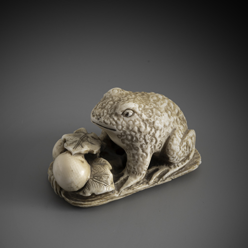 <b>A carved ivory Netsuke of a toad sitting on gourd vines</b>