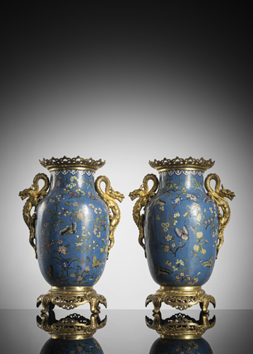 <b>Pair of cloisonné baluster vases with butterflies and floral decoration, with dragon-shaped gilt-bronze mounts</b>