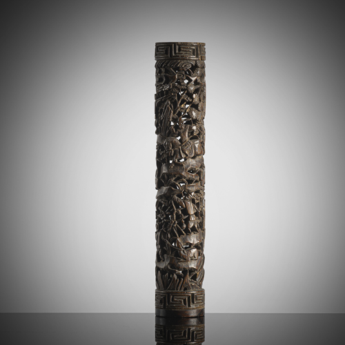 <b>A fine carved bamboo perfumer decorated in openwork with farmers and trees</b>