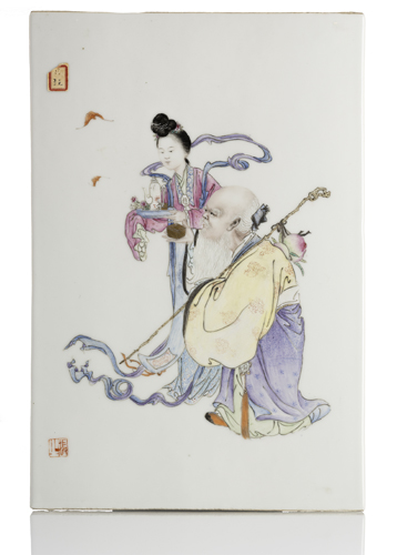 <b>A porcelain tile with fine 'famille rose' decoration of Shoulao and Magu</b>